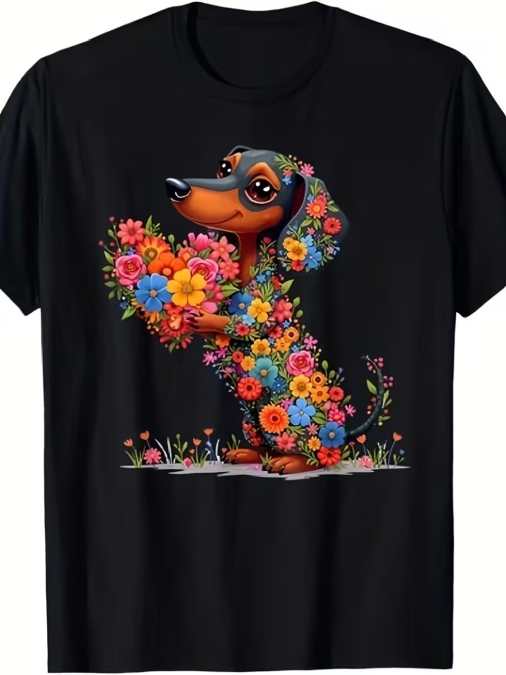 Dachshund Doxie Floral Bouquet Black T-Shirt Size 2XL